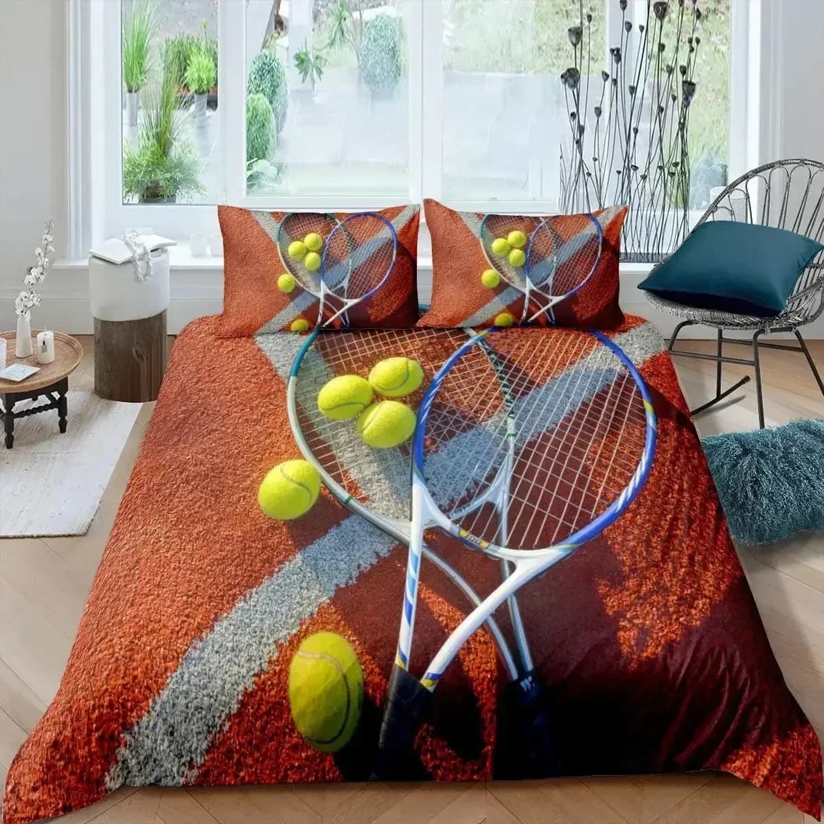 Set Copripiumino Tennis, Nuovo Set di Biancheria da Letto a Tema Sportivo, Misura Singola per Bambini, Adolescenti e Adulti, Copripiumino con Racchetta e Palla da Tennis