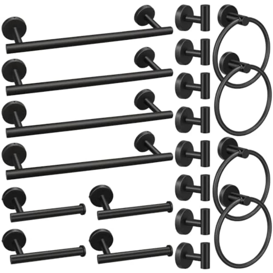 Set di Accessori per Bagno da 20 Pezzi in Nero Opaco, Include 16 Portasciugamani, Portarotolo, Anelli Portasciugamani e Ganci