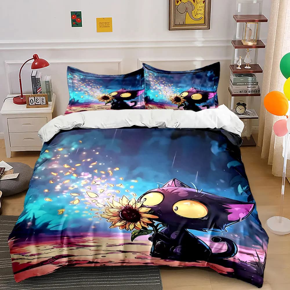 Black Cat with Magical Sunflower Print Bedding Set 1 Duvet Cover 2 Pillowcases for Adult and Children Luxury Gift Full Size