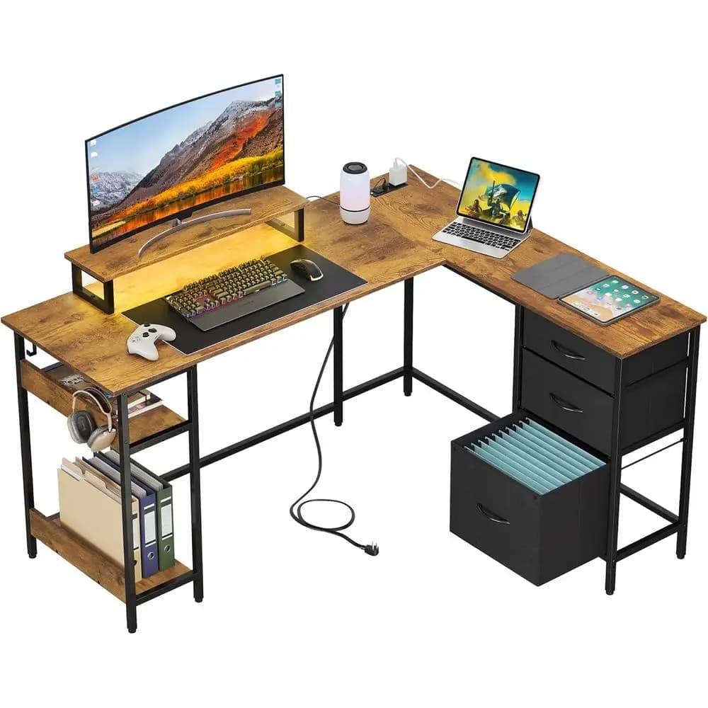 55 L-Shaped Gaming Desk with Drawers, Storage, LED Lights, Power Outlets, Monitor Stand, Rustic Brown
