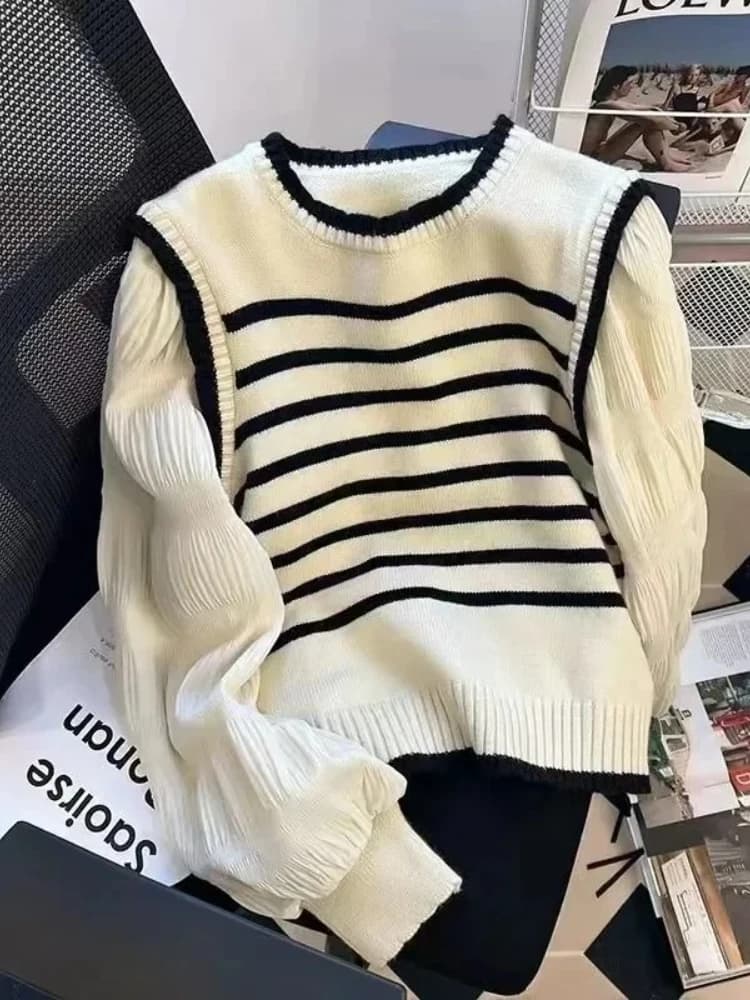 2026 Women Black and White Striped Fake Two-Piece Knitted Sweaters Autumn Winter Korean Soft Glutinous Pullover Sweater Female