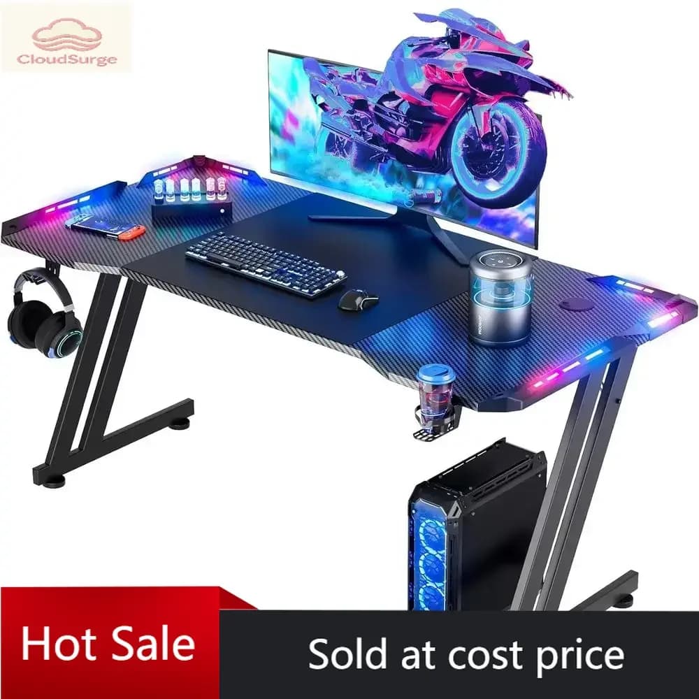 Promozione a tempo limitato: Grande Scrivania da Gaming con 47 LED RGB e Portabicchieri, Scrivania Ergonomica in Fibra di Carbonio per Casa e Ufficio