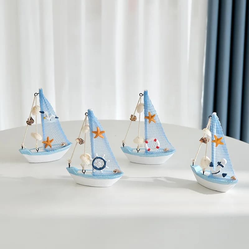 Mini rete da pesca mediterranea conchiglie in legno piccola barca a vela modello barca in legno artigianato ornamento da tavolo camera dei bambini decorazioni per la casa regalo