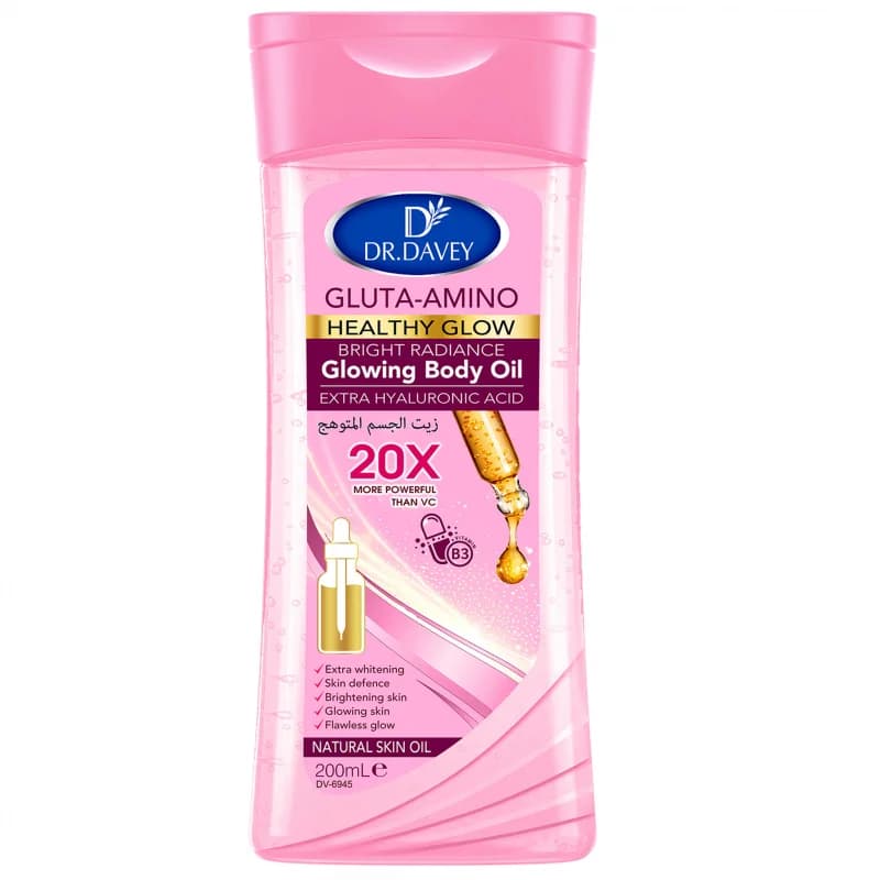 Olio corpo DR.DAVEY GLUTA-AMINO da 200ml, olio per la cura della pelle che idrata e nutre, olio essenziale per tutto il corpo in formato grande.