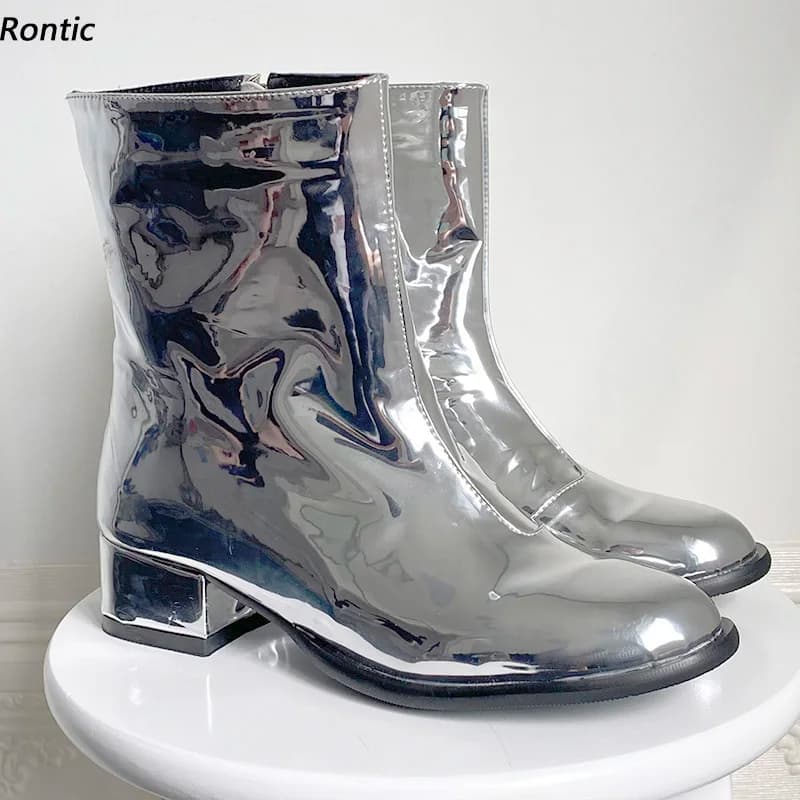 Rontic Stivaletti invernali da donna fatti a mano con cerniera laterale in vernice Tacchi grossi Punta tonda Splendidi scarpe da night club argento Taglia USA 5-20