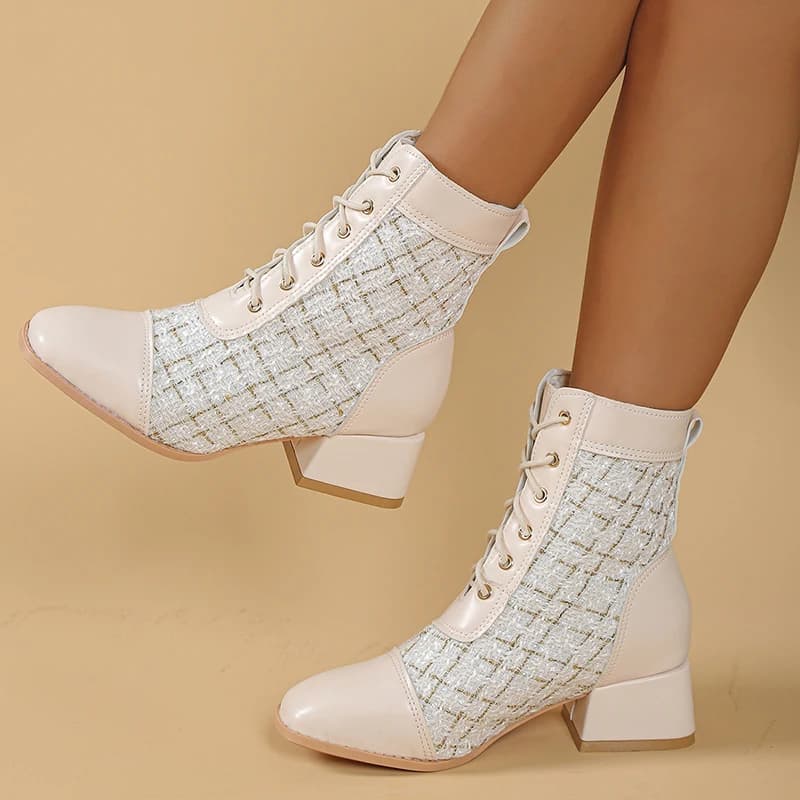 Fashion Women's Chunky Heels Ankle Boots Autumn Winter Lace Up Square Toe Short Boots Woman Patchwork High Heel Botas Mujer 2025