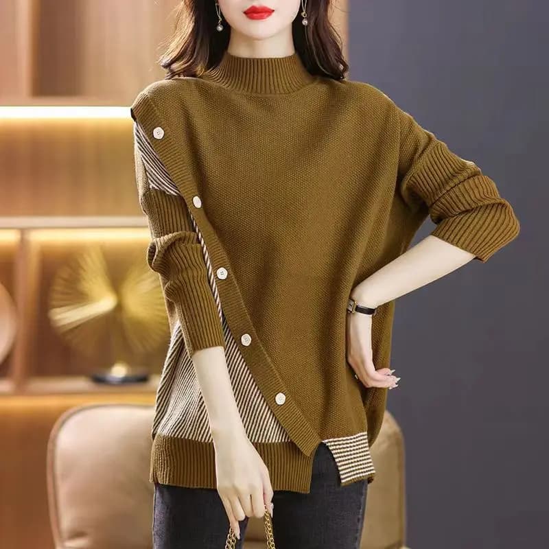 Fashion Spliced Button Striped Asymmetrical Sweaters Women's Clothing Autumn Winter Loose Casual Pullovers Irregular Tops