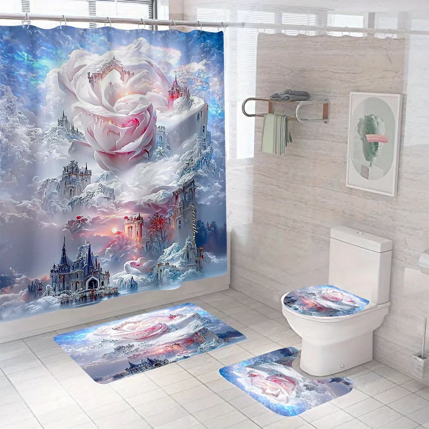 4 pezzi di fiabe fantasia ghiaccio e neve rosa castello modello tenda da doccia set tenda da bagno, tappetino per arredamento bagno
