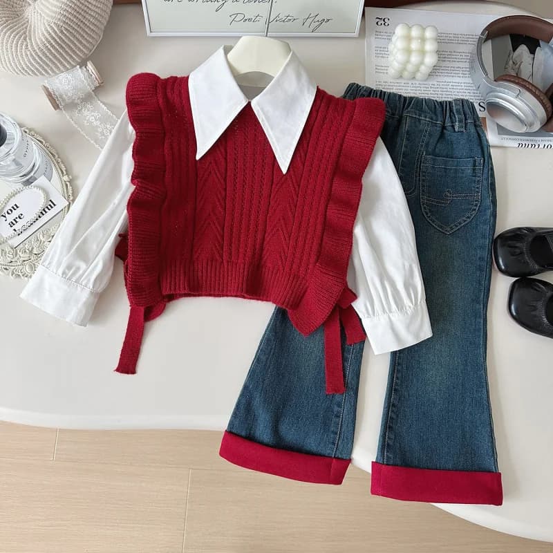 Set Tre Pezzi per Ragazze Primavera-Autunno: Gilet in Lana, Camicia e Jeans in Stile Coreano