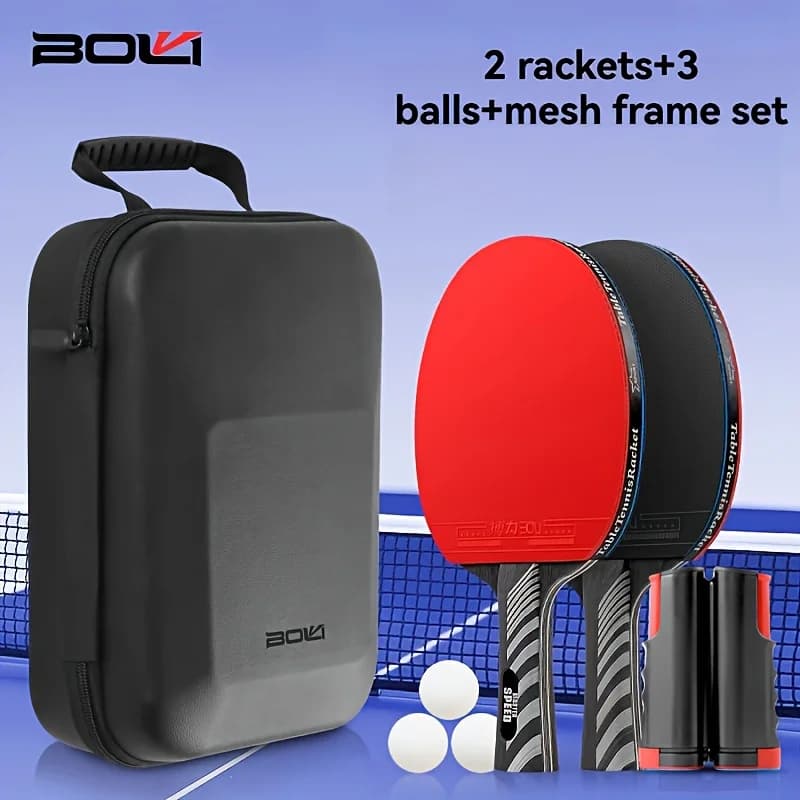 Boli Two-Paddle Three-Ball Net Rack Table Tennis Racket Set, Hard-Shell Leather Case Table Tennis Racket Set, Professional Seven-Layer Solid Wood Table Tennis Racket