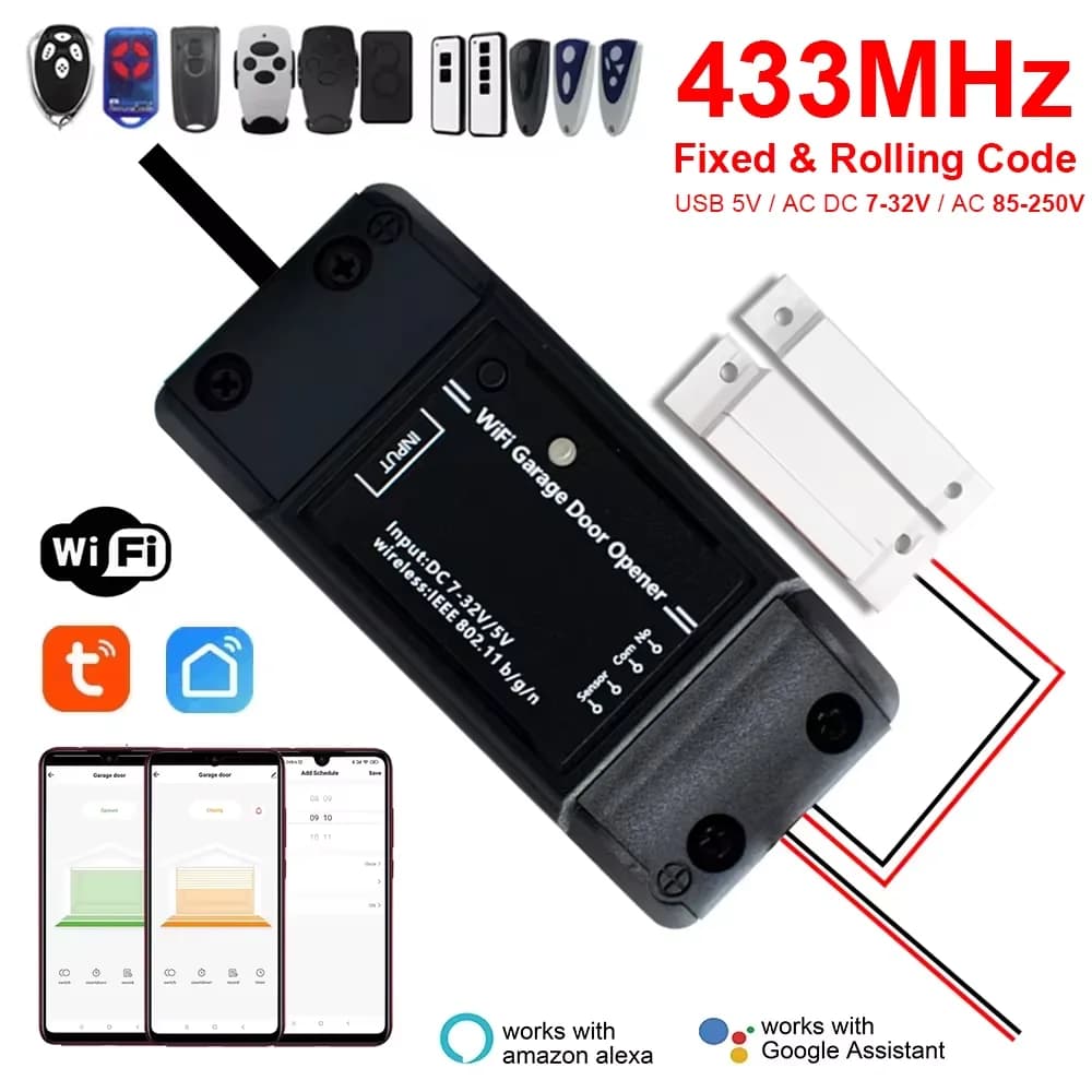 Tuya WiFi Smart Universal 433MHz Fixed Rolling Code Garage Gate Door Opener RF Receiver With Door Sensor 5V AC DC 7-250V Alexa