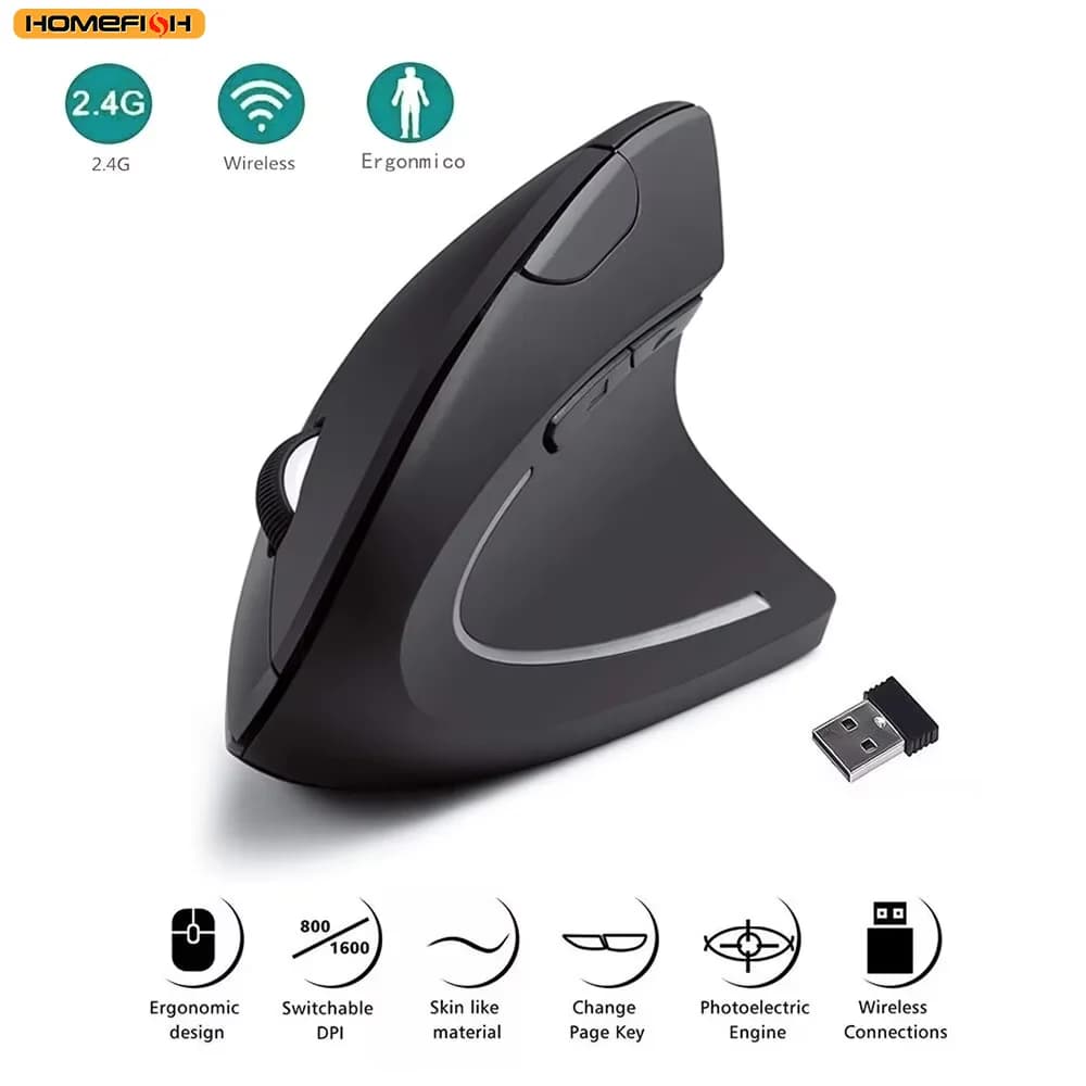 Vertical Mouse HOMEFISH Ergonomic Wireless 2.4GHz Optical with 3 DPI Adjustable 800/1200/1600 and 6 Laptop and PC buttons
