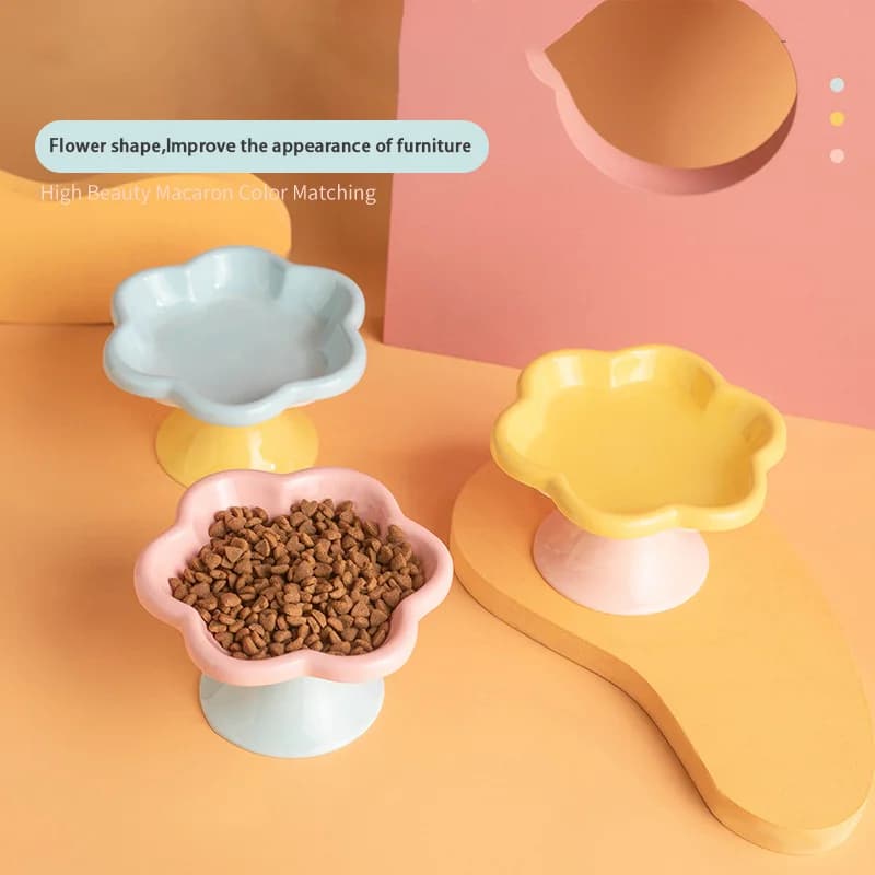 Ciotola per gatti rialzata in ceramica con supporto per protezione del collo, piatto per snack con piatto per acqua alimentare con design a fiori rialzati