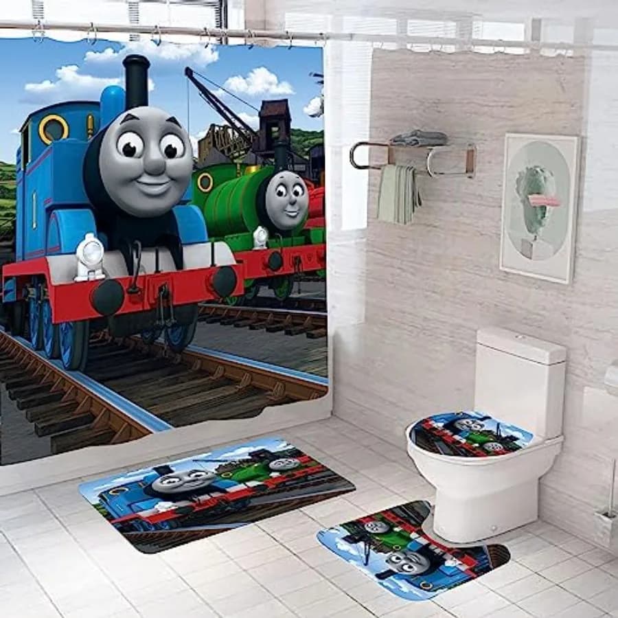 Set da Bagno 4 Pezzi The Train: Tenda Doccia, Copriwater, Tappetino e Tappeti Antiscivolo, Durevoli e Impermeabili per il Bagno