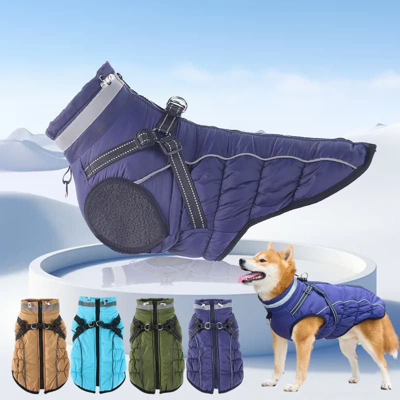 2026 New Winter Warm Dog Coat Reflective Harness Leash‑Compatible Fleece‑Lined Waterproof Jacket for Large Dogs