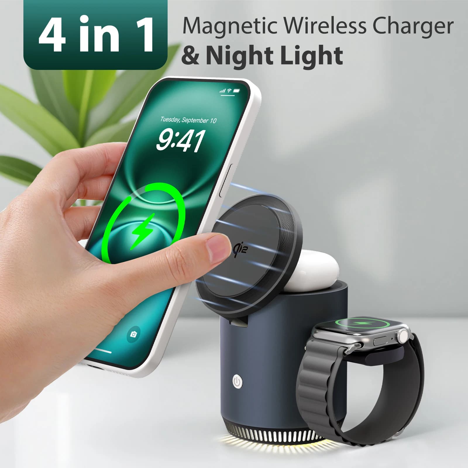 Caricabatterie wireless magnetico 4 in 1 luce notturna N55 15W ricarica rapida per orologio Magsafe iPhone 17 16 15 14 Pro Max AirPods