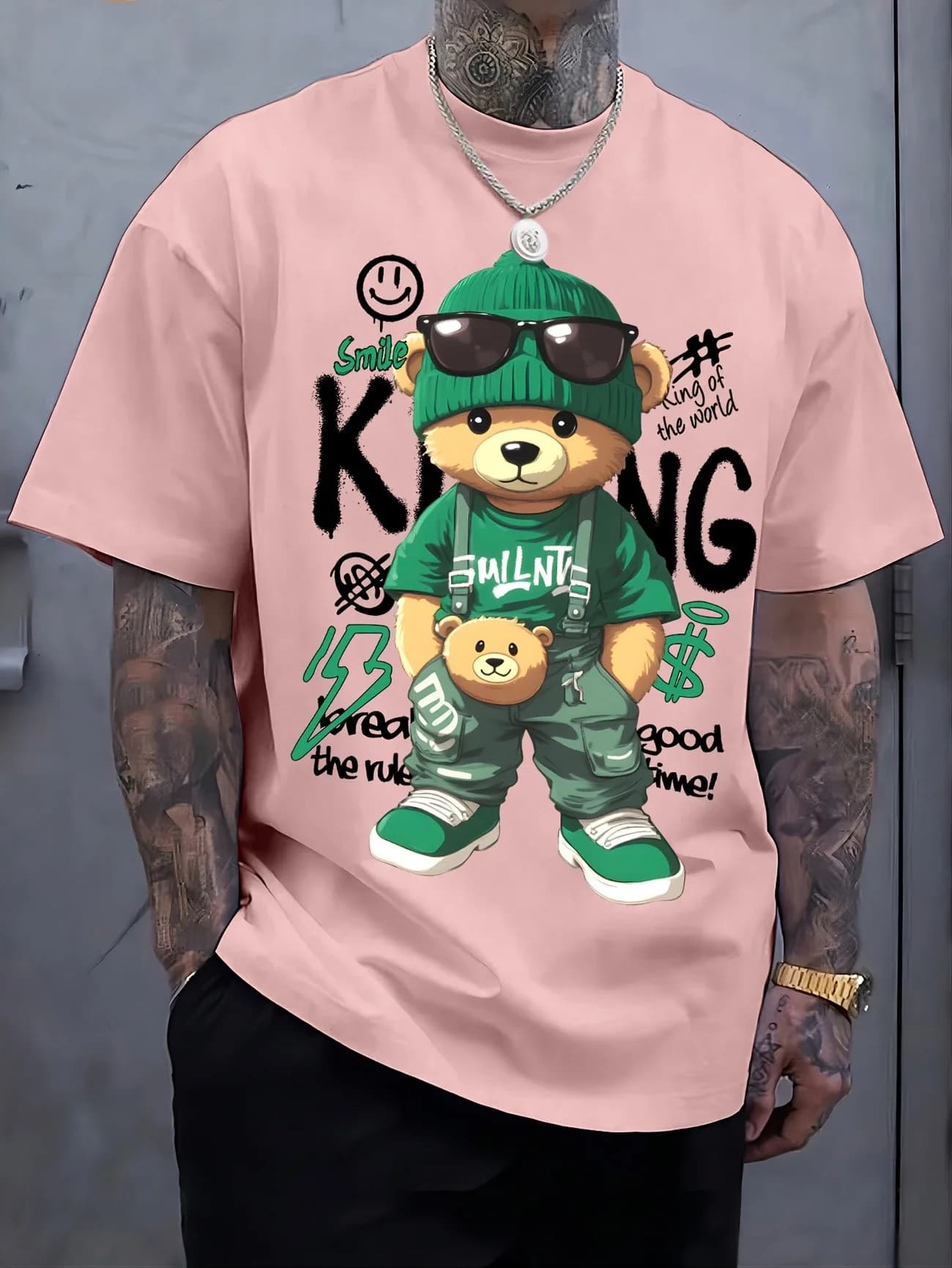 T-shirt da uomo in cotone a maniche corte 2025 tendenza allentata stampa americana casual versatile coppia top cartoon orso modello casual T