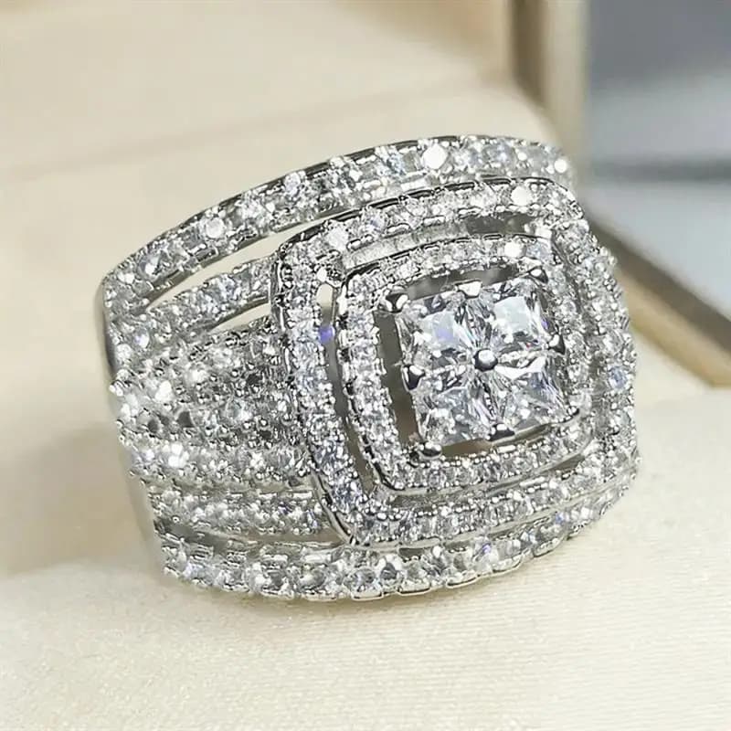 Huitan Multi-layer Design Silver Color Ring for Women Full Shiny Cubic Zirconia Luxury Party Jewelry Trendy Wedding Accessories