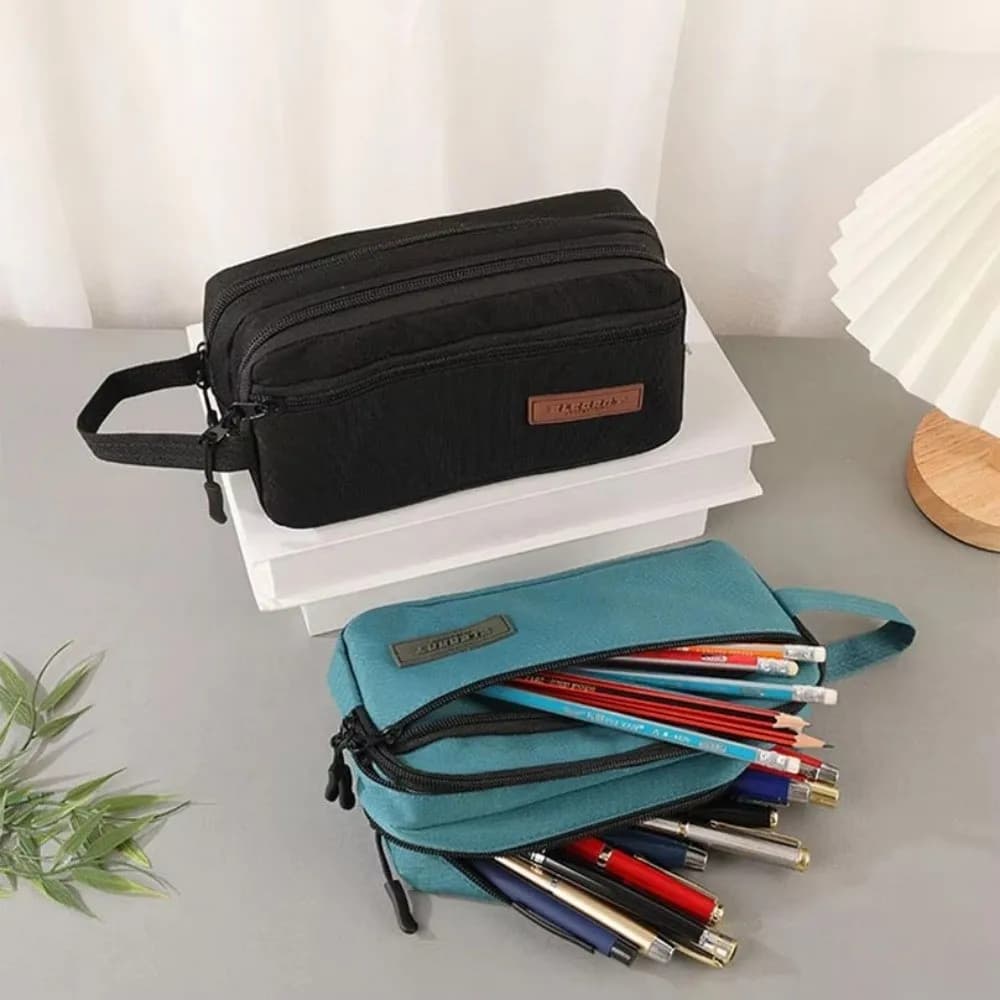 Astuccio Portatile a 3 Scomparti in Oxford, Grande Capacità, Multiuso, per Cancelleria Scolastica