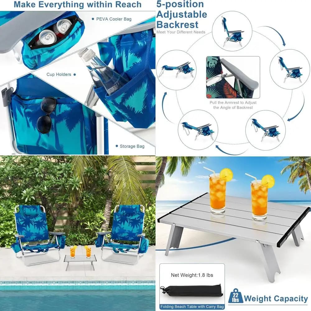 Sedia da Spiaggia Portatile con Braccioli, Borsa Termica, Portabicchieri, Porta Asciugamani, Tasche Laterali, Lettino Prendisole e Tavolino Pieghevole