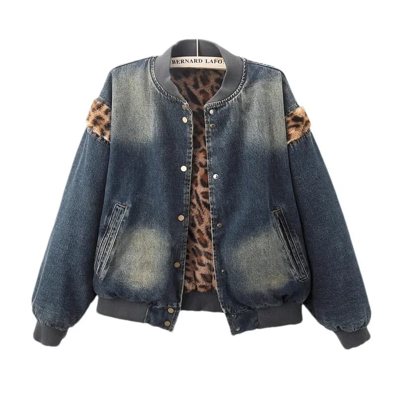 Giacca invernale da donna con fodera in pile leopardato spesso, capispalla da cowboy, colletto corto allentato, maniche lunghe, giacche di jeans da donna