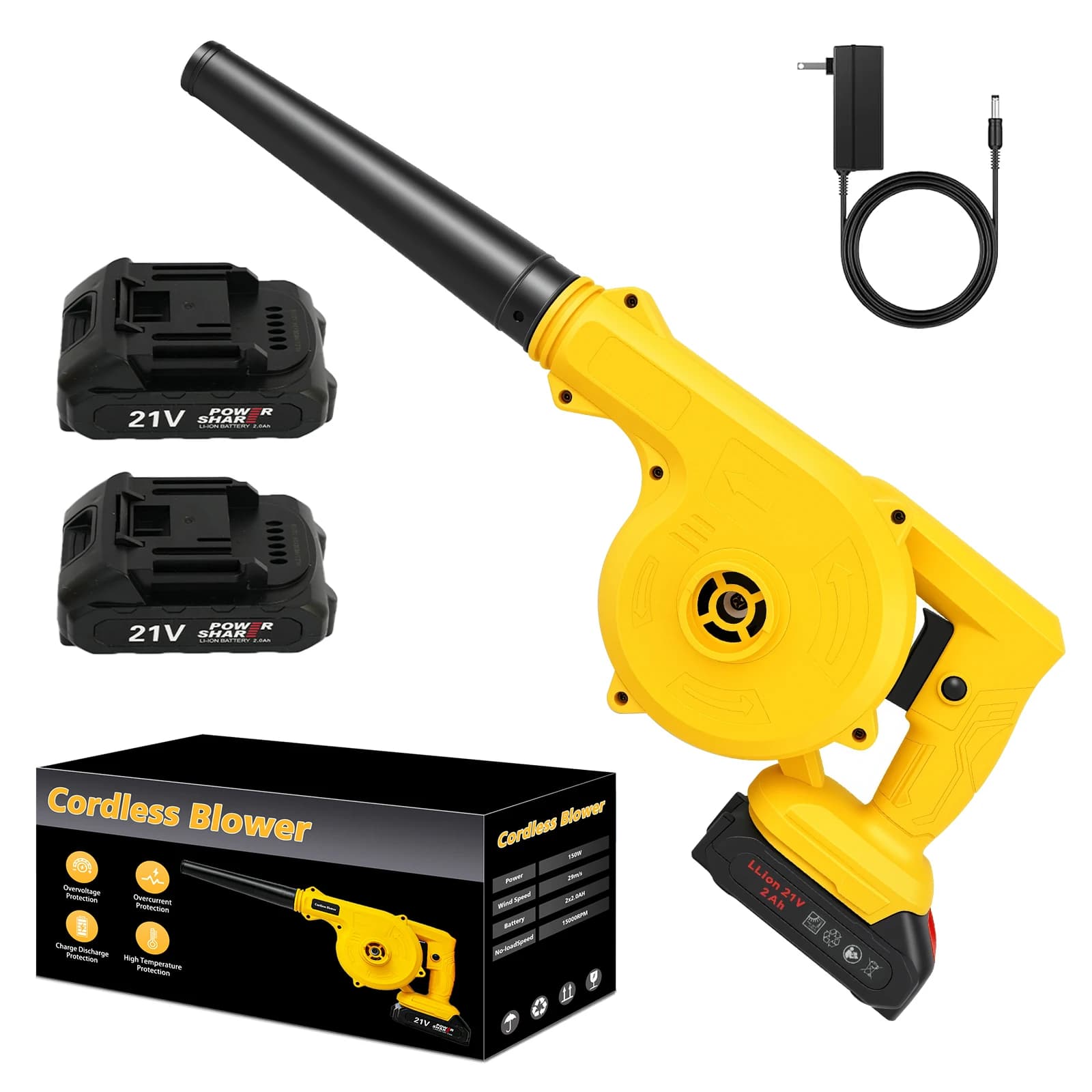 21V Cordless Leaf Blower Portable 2-in-1 15000RPM with 2.0Ah Battery and Charger for Lawn Care Leaf Blowing Debris Cleaning Dust