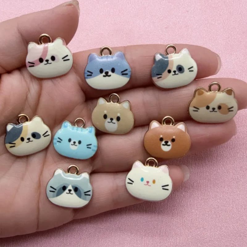 12pcs Printed Cat Head Alloy Drip Oil Pendant, DIY Jewelry Making Earrings, Keychains, Accessories