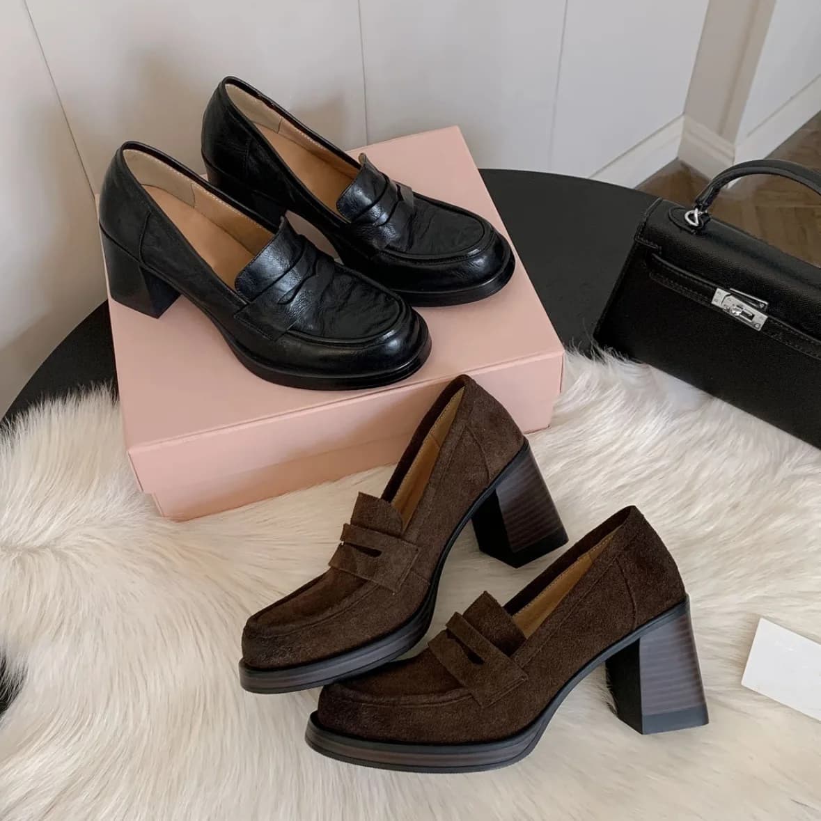Scarpe in Pelle Nuova Collezione Autunnale con Tacco Alto e Grosso, Modello Le Fu Slip-on da Donna