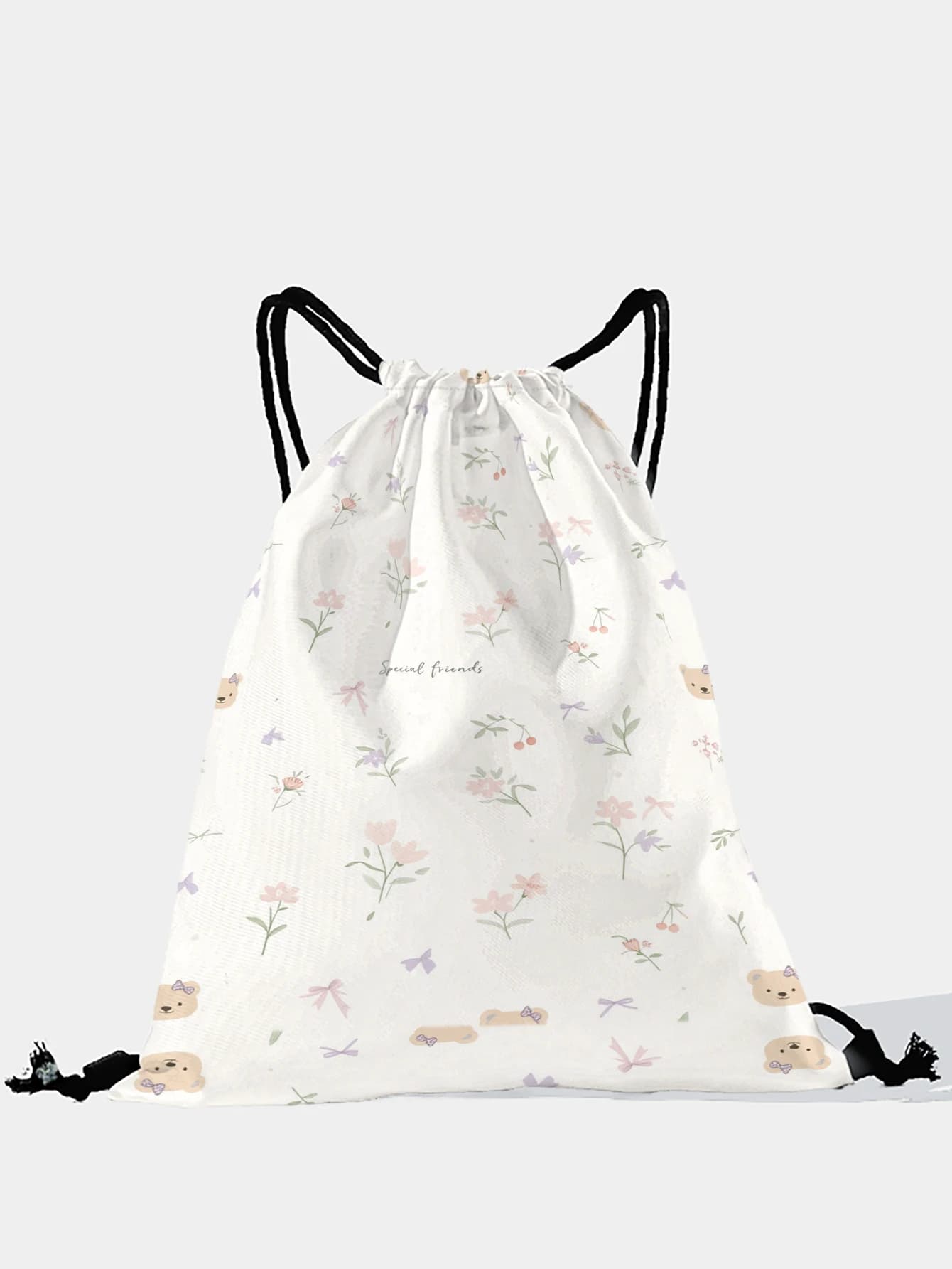 Zaino con coulisse con stampa floreale Bear, borsa sportiva leggera per palestra, yoga, viaggi, scuola, shopping e pendolarismo quotidiano