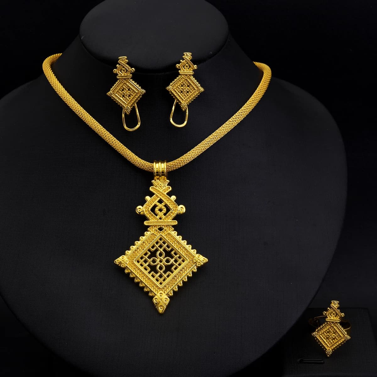 Set di gioielli con croce etiope, ciondolo, orecchini, anello, set da 3 pezzi, regali etnici per matrimoni ed eventi di fidanzamento africani ed eritrei # 099