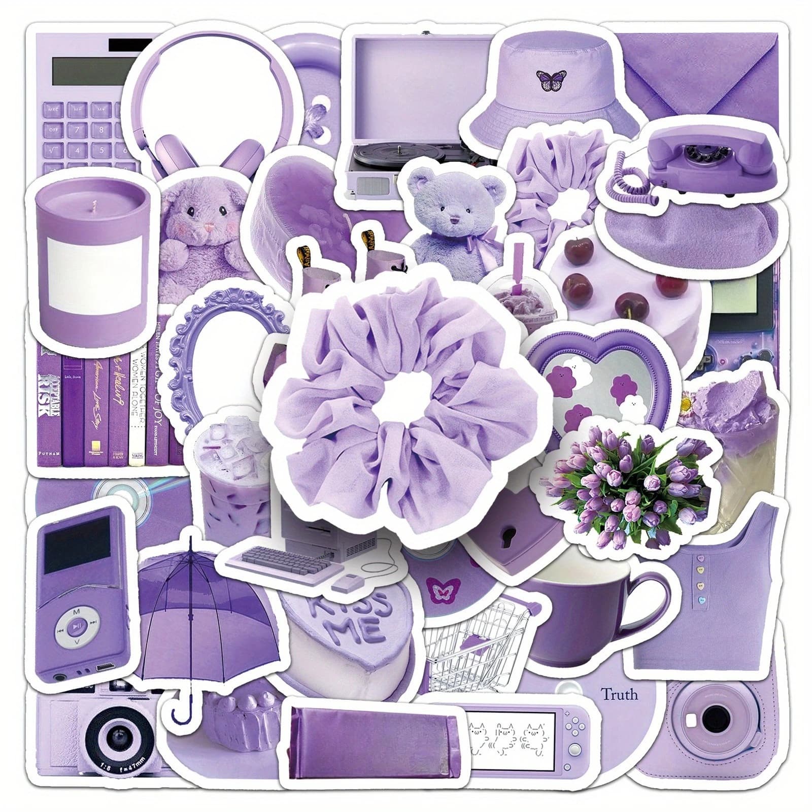 50 Pezzi Adesivi Decorativi Stile Ins Viola, Set di Sticker per Valigie, Bottiglie d'Acqua, Quaderni, Skateboard, Autoadesivi