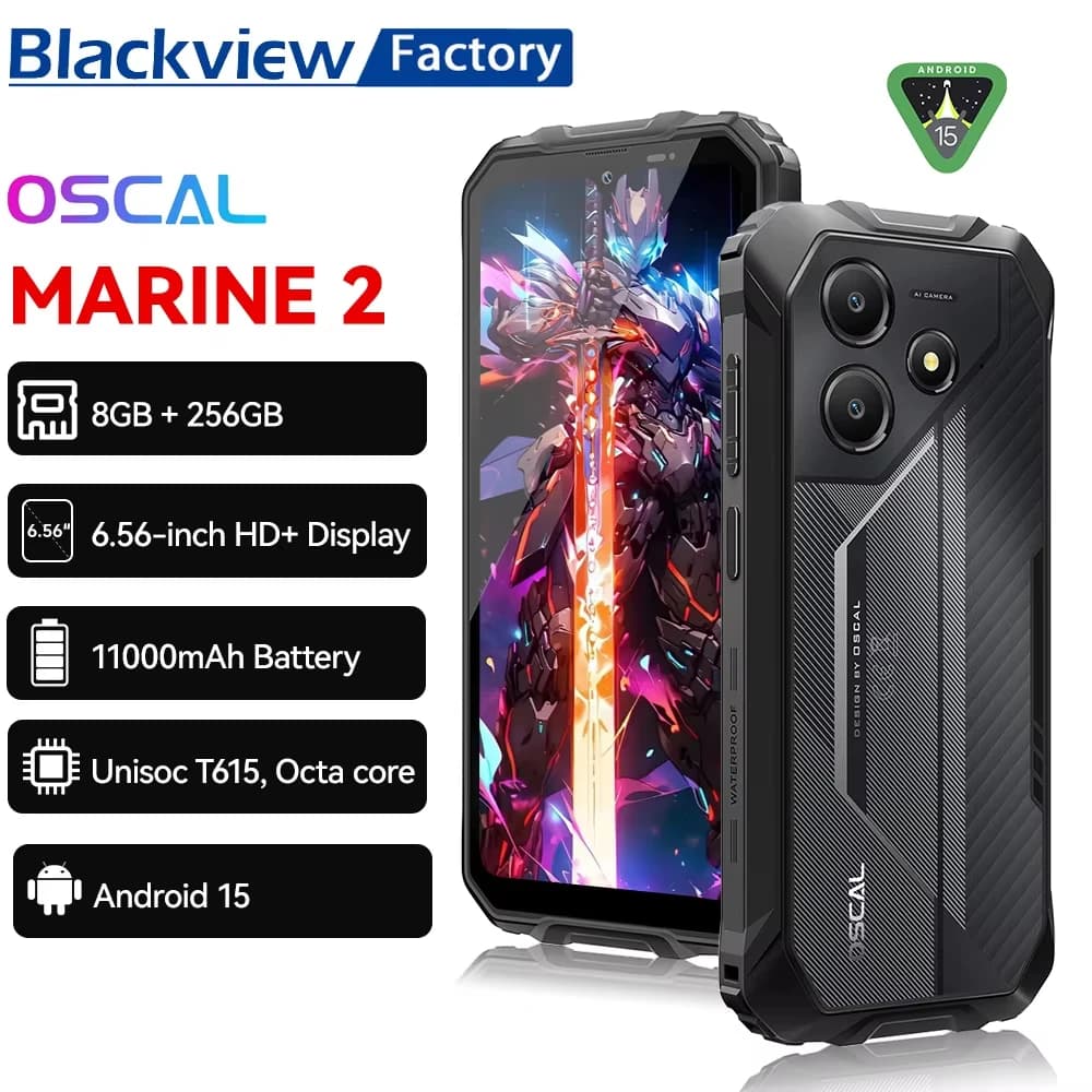 Blackview OSCAL Marine 2 5G Rugged Phone Batteria da 11000 mAh Display HD+ da 6,56" 8 GB, RAM 256 GB Smartphone Unisoc T61 Android 15 NFC