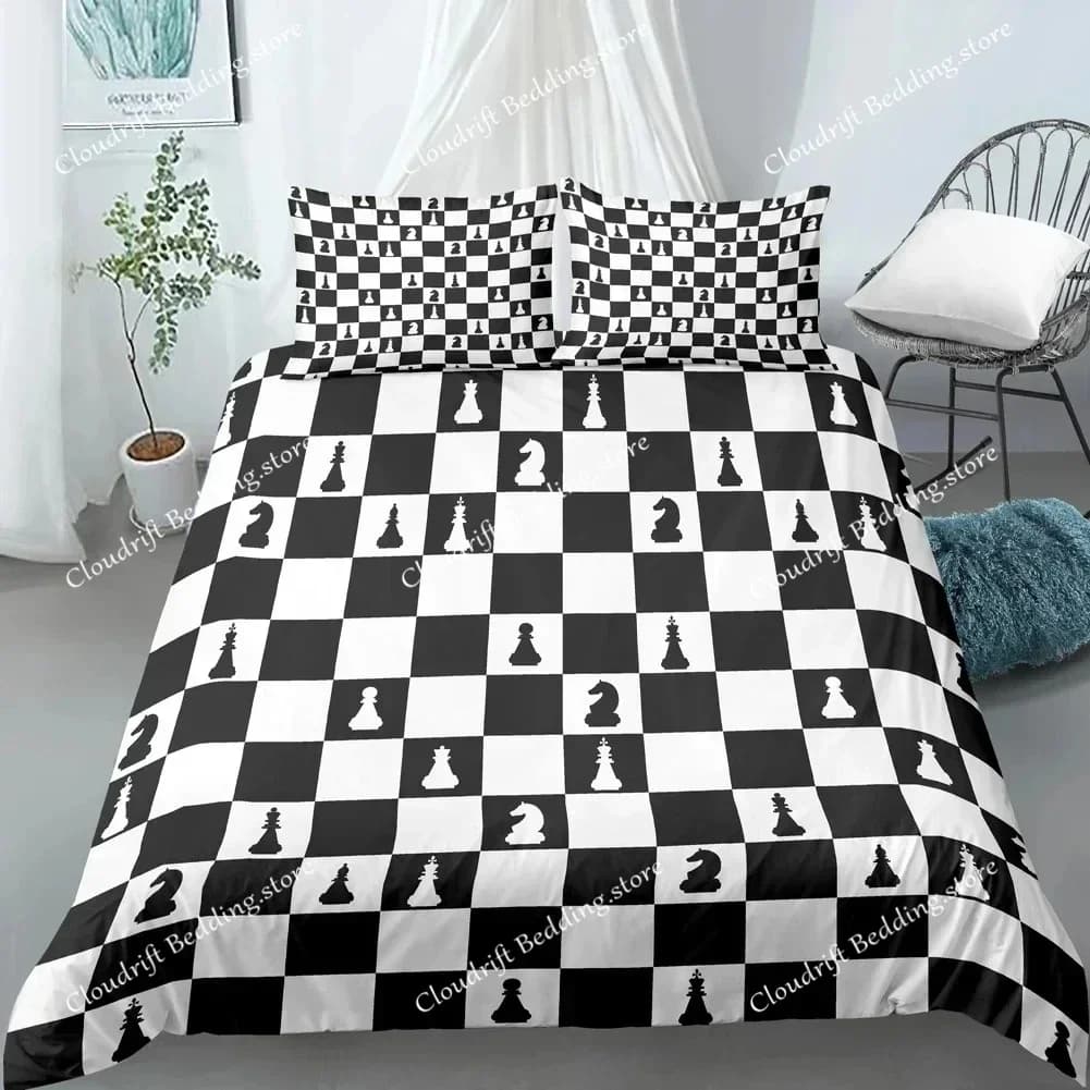 Set Copripiumino Scacchiera Stampa 3D, Copripiumino Scacchi Bianco e Nero per Ragazzi e Ragazze, Set Biancheria da Letto in Poliestere 026