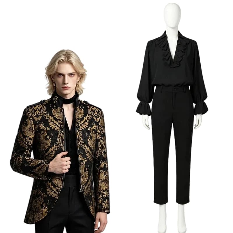 Renaissance Aristocrat Prince Cosplay Gentleman Costume Ruffles White Shirt Stand-up Collar Jacket Black Pants Suit for Men
