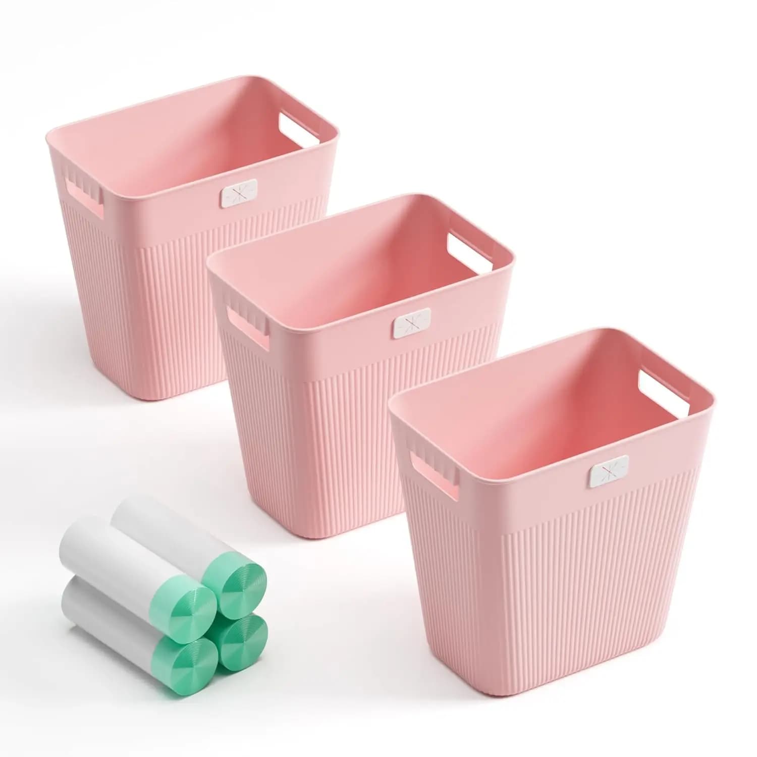 JOYMOOP Cestino per Rifiuti Sottile, Set da 3, 2,9 Galloni, in Plastica, per Bagno, Camera da Letto, Ufficio, Cucina, con 4 Rotoli di Sacchetti, Rosa