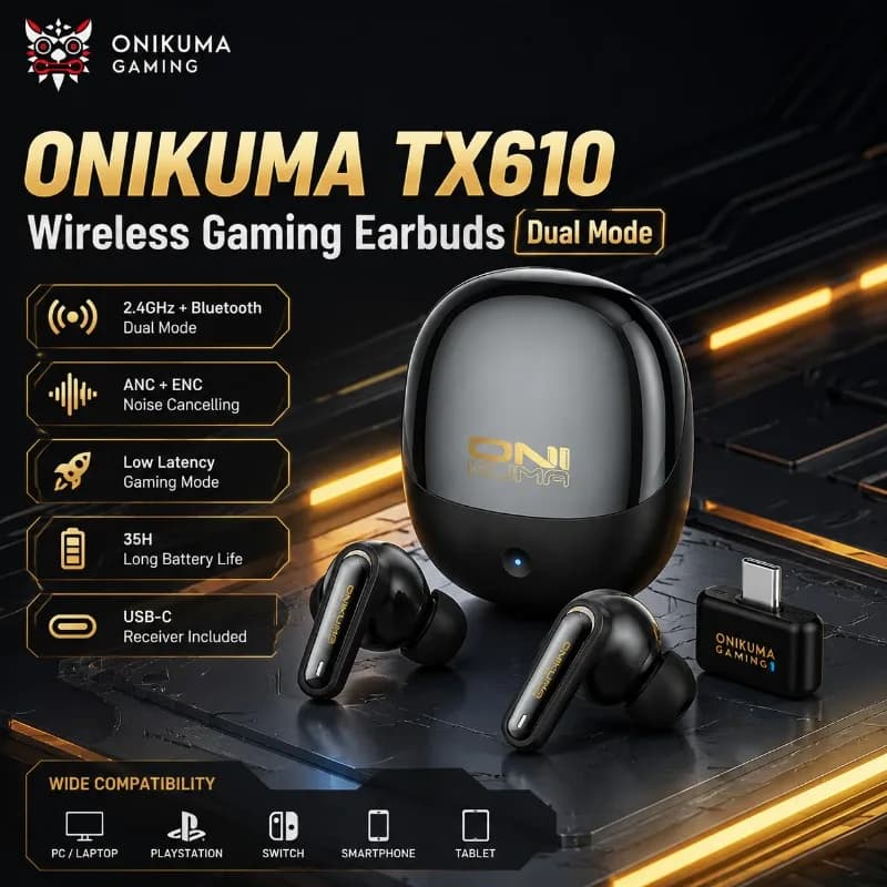 ONIKUMA TX610 Wireless Gaming Earbuds Dual Mode 2.4GHz Bluetooth Headphones Low Latency ANC ENC Microphone USB C Dongle For PC