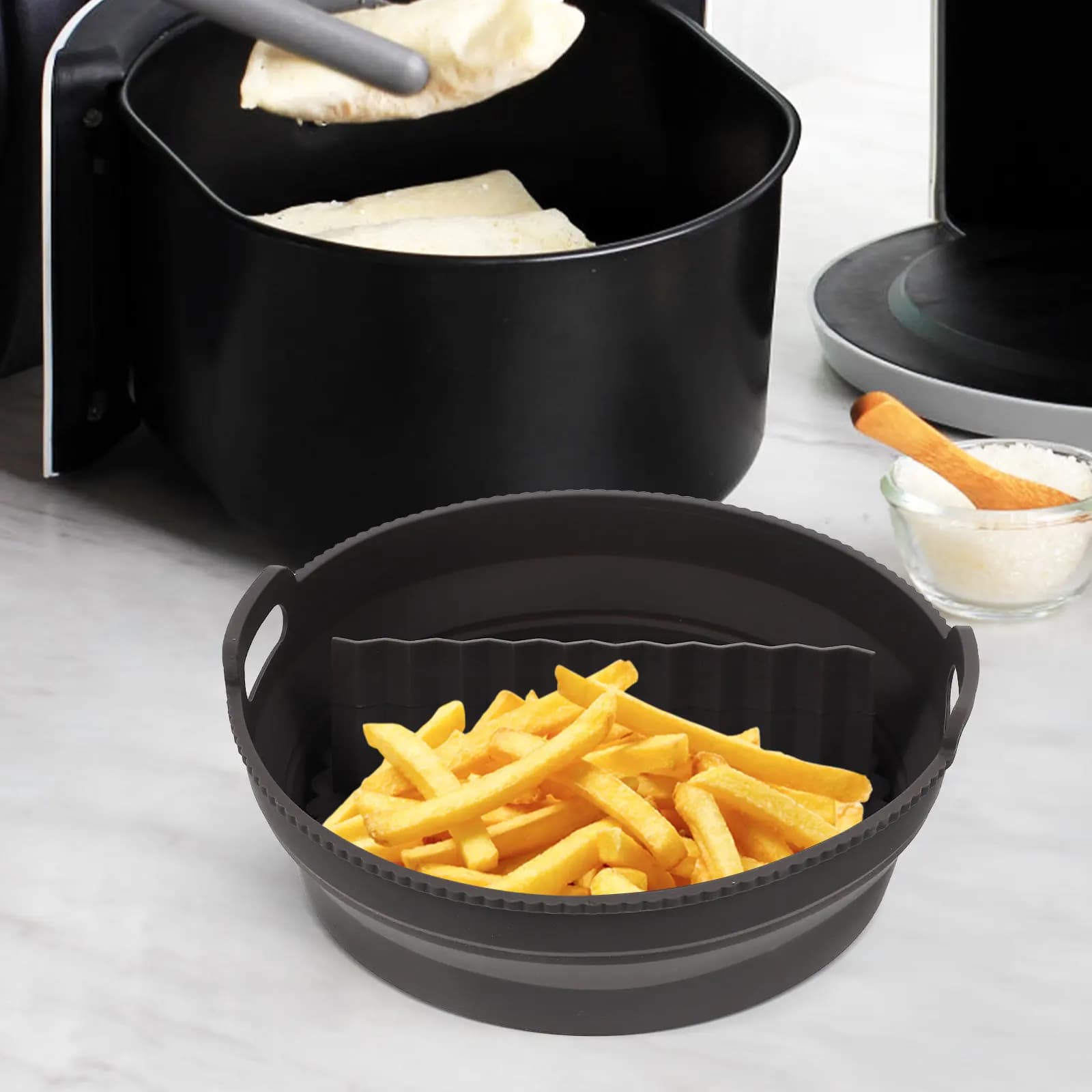 Set di Tappetini in Silicone per Forno e Friggitrice ad Aria, Rivestimento Antiaderente Riutilizzabile Resistente al Calore, Vassoio Rotondo per Pentola, Utensile da Cucina in Silicone per Friggitrice ad Aria