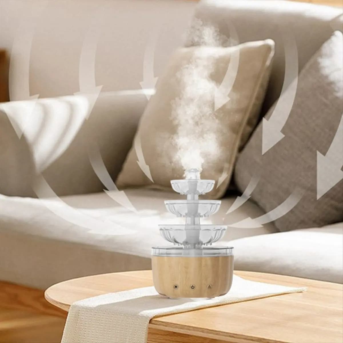 Diffusore di Aromi ESTR a Fontana in Legno, Umidificatore per Aromaterapia con Oli Essenziali e Luce Notturna LED Colorata per Arredamento Casa