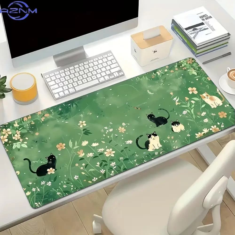 Floral Cute Cat Large Gaming Mouse Pad Non Slip Rubber Lock Edge Extended Desk Mat For Gamers Office Laptop Desktop Work Setup