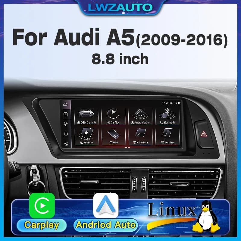 Autoradio Linux 8.8" per Audi A5 2009-2016 con CarPlay Wireless, Android Auto, Lettore Multimediale MMI, Navigazione GPS, Schermo Touch IPS