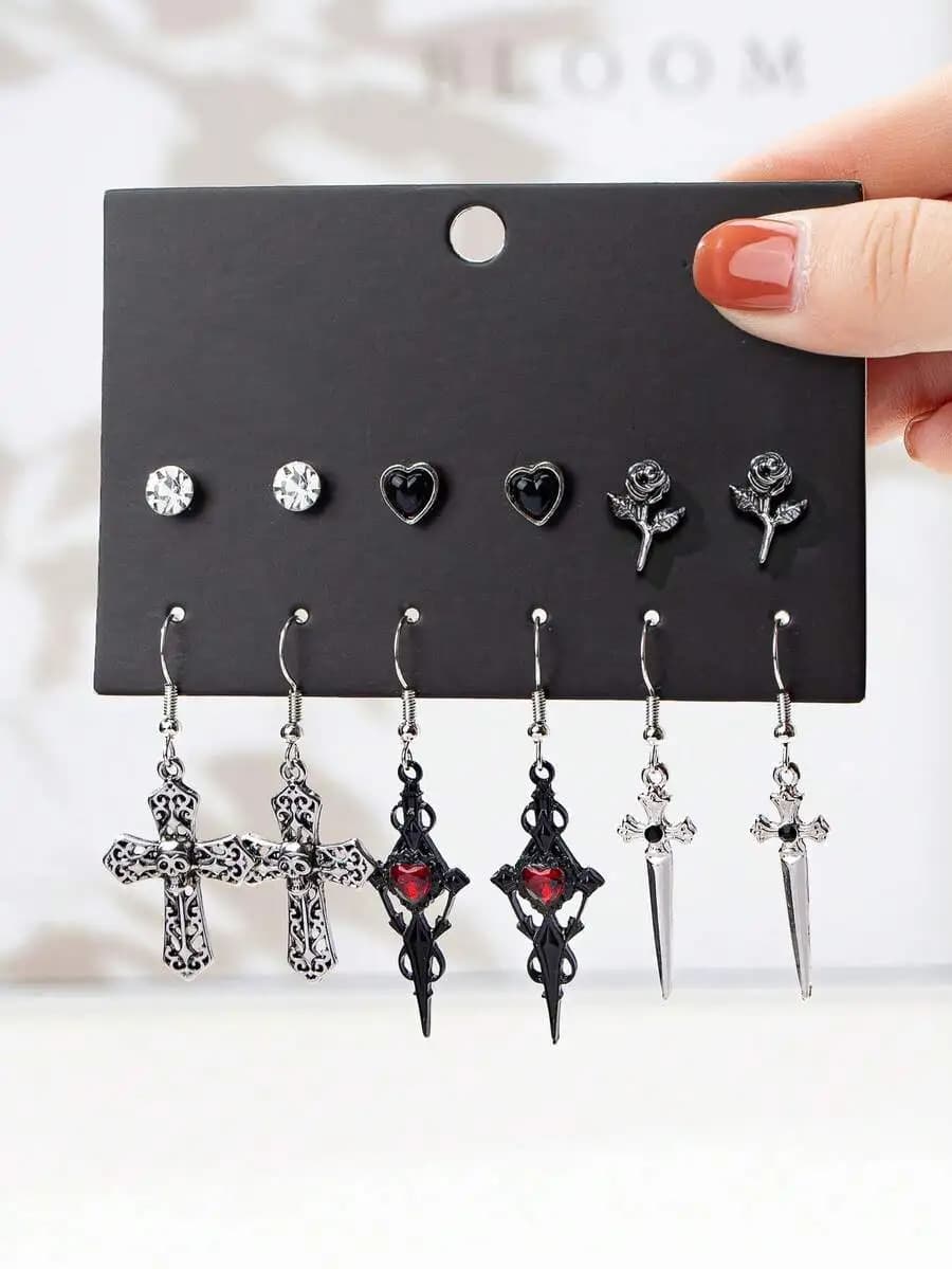 6 Pairs Gothic Earrings Set: Cross, Heart, Rose, Dagger Stud And Dangle Earrings For Women