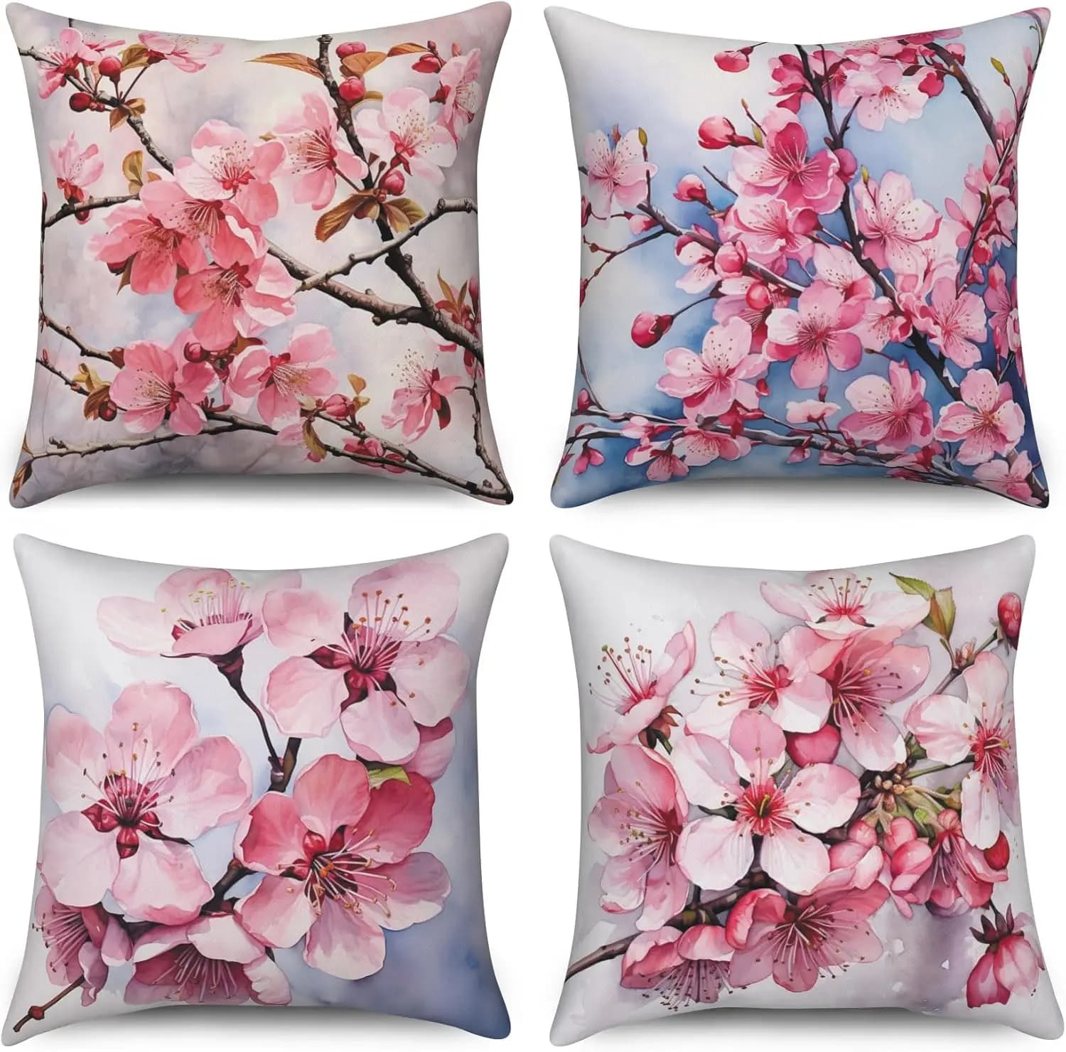 4 fodere per cuscini con motivo floreale a forma di fiore di ciliegio, fodere per cuscini con motivo Sakura ad acquerello per soggiorno, camera da letto, divano, decorazioni per la casa
