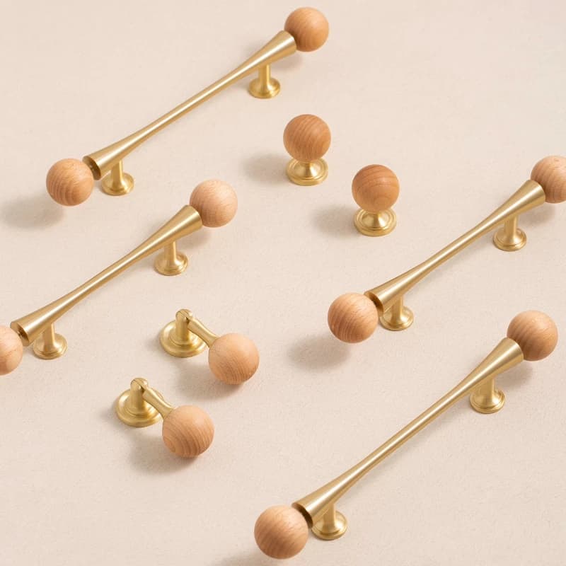 Maniglia e pomello per armadio in ottone + pietra di pino bianco e faggio, barra a T, camera da letto, armadio da cucina, hardware / maniglie per cassetti, pomelli per cassetti
