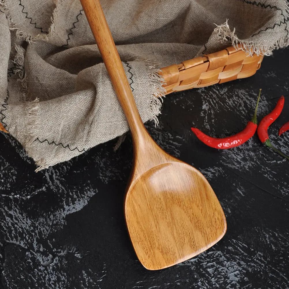 Spatola Ergonomica in Legno per Wok con Foro per Appendere, Manico Lungo, Ideale per Padelle Antiaderenti, per Mescolare, Girare e Friggere