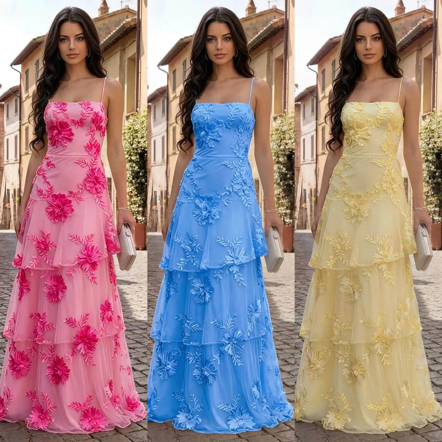 Fashionable Sexy Mesh Strap Floral Dress C7710 Cross-Border Women's Clothing Autumn Season Sleeveless Gown without Brand