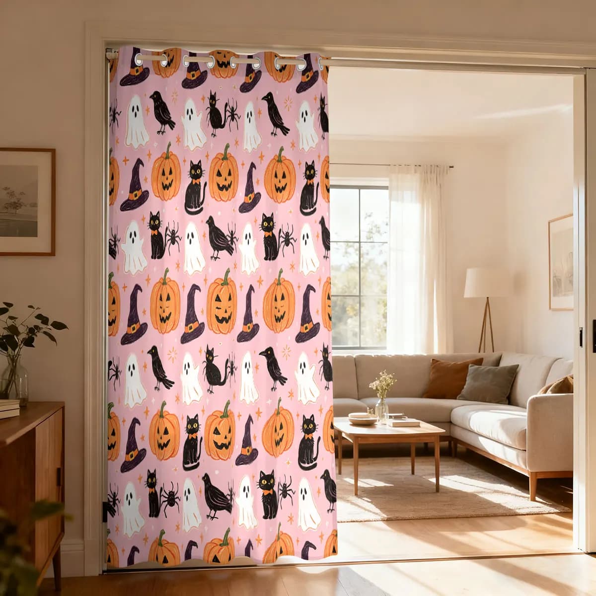 Halloween Single Piece Loop Curtain Witch Hat Black Cat Pumpkin Print Punch Hole Drape 1PC Perforated Hanging Curtain Bedroom