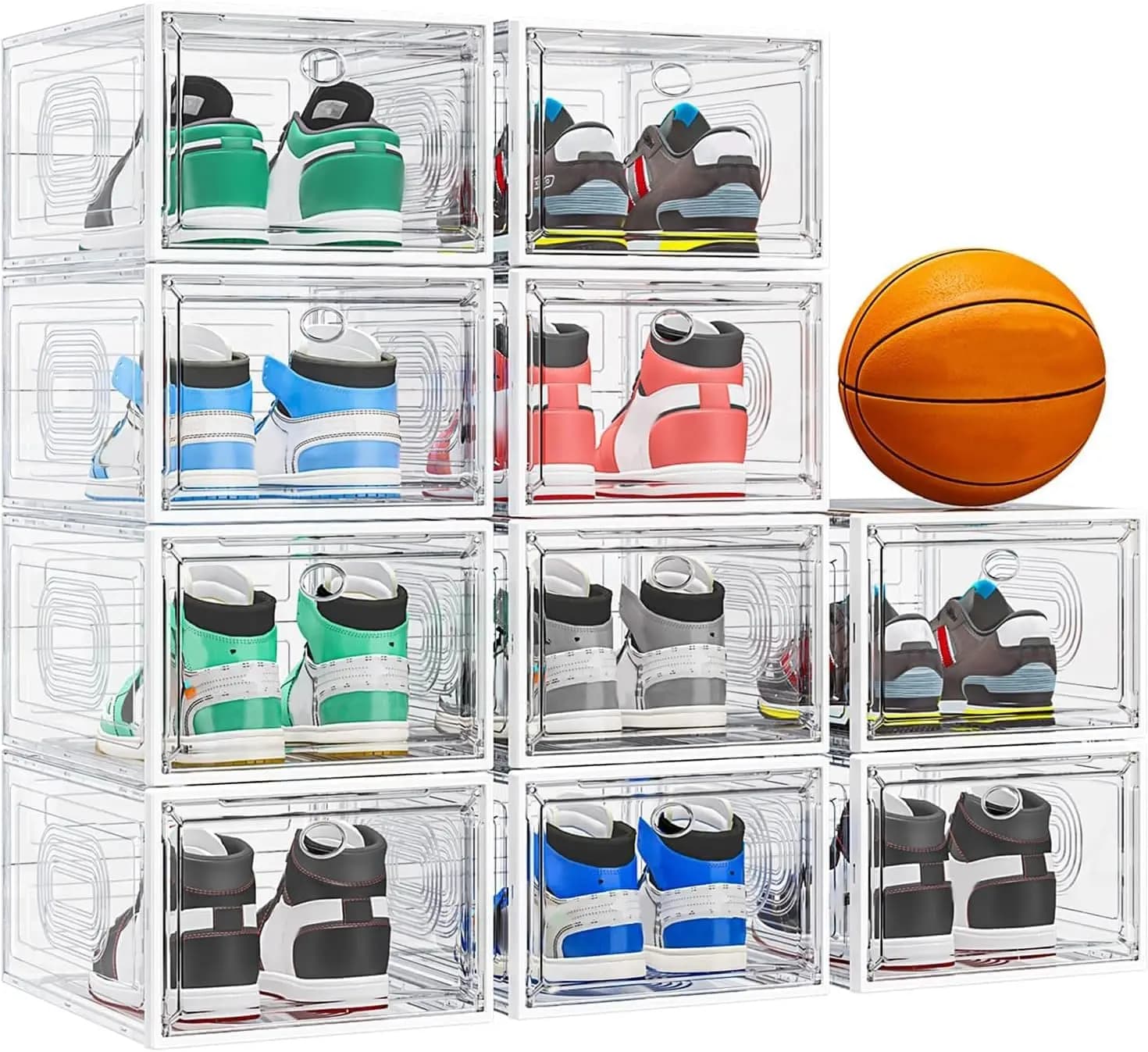 Set di 10 Scatole Impilabili per Scarpe con Porte Magnetiche, Organizer in Plastica Resistente per Sneakers e Cappelli, Bianco