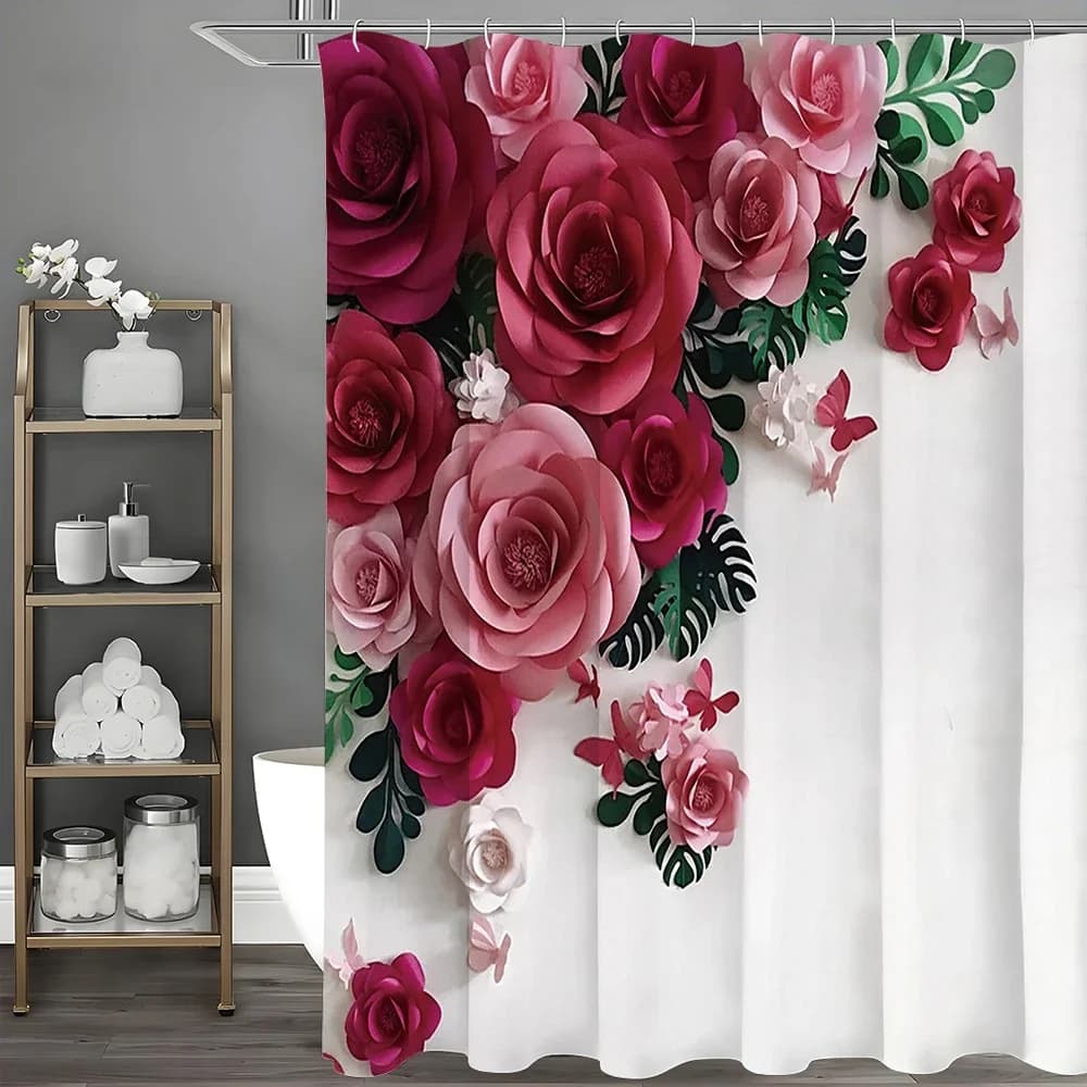 Tenda da doccia con fiori di rosa, tenda da doccia decorativa per bagno, tenda da doccia impermeabile con ganci