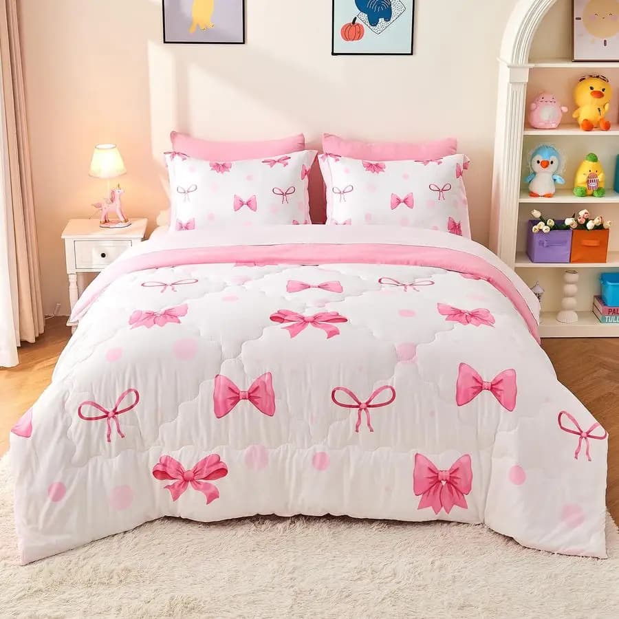 Set of 7-piece pink bedding with bow for girls, set double bedding with sheet and 2 pillowcases, 2 decorative pillowcases, pretty set for girls