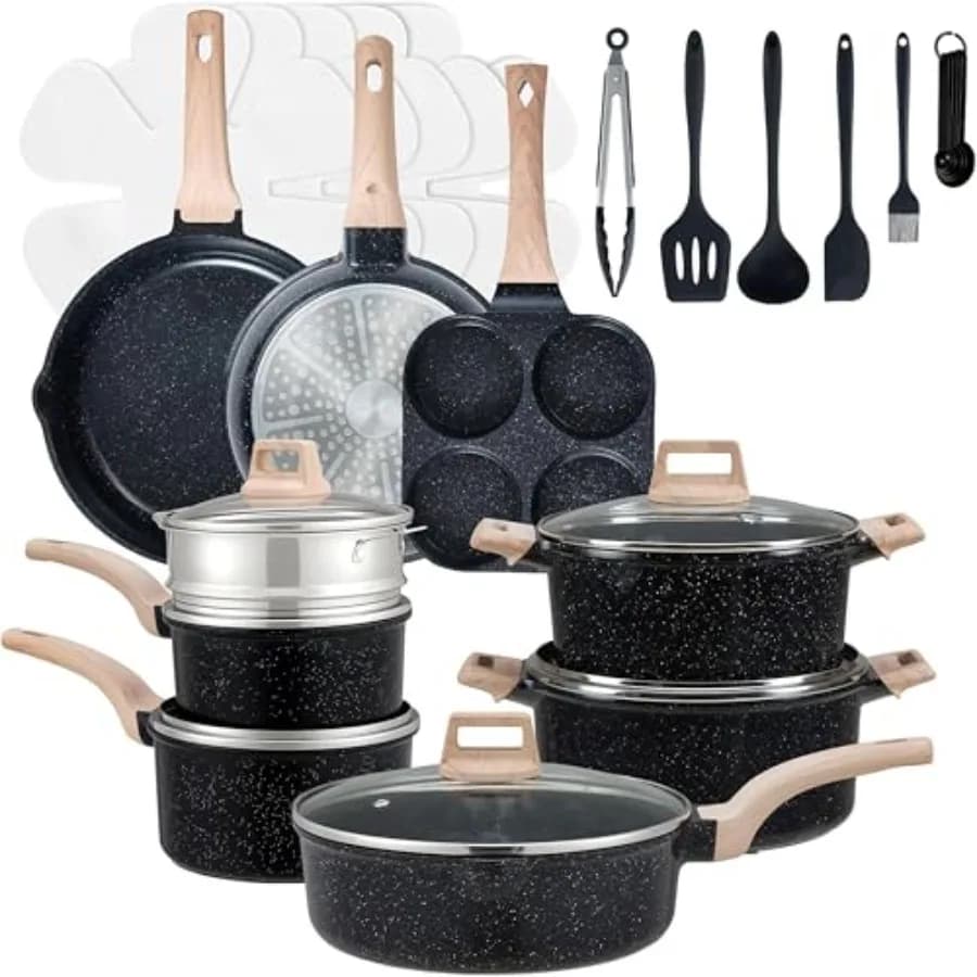Set di Pentole in Ceramica da 25 Pezzi, Antiaderente, Non Tossico, con Manici Resistenti al Calore, per Cucina a Induzione